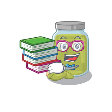 mascot cartoon of pumpkin seed butter studying with book