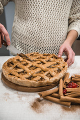 Homemade apple pie. Backed sweets organic dessert. Ready to eat fruit tart top view. Copy space for...