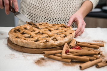 Homemade apple pie. Backed sweets organic dessert. Ready to eat fruit tart top view. Copy space for...