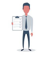 Businessman or clerk. Male character in trendy simple style with objects, flat vector illustration. Business concept. Isolated on white background.