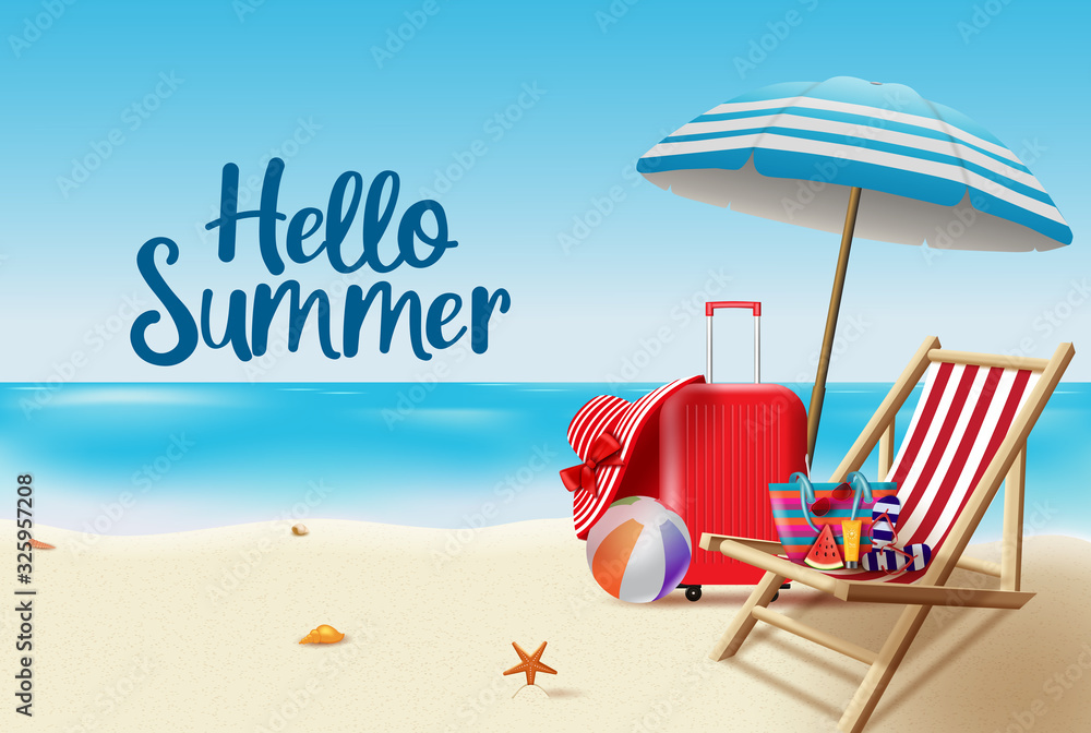 Poster hello summer vector background design. hello summer greeting text in seashore background with beach 