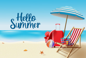 Hello summer vector background design. Hello summer greeting text in seashore background with beach elements like beach ball, umbrella, sunblock, bag and luggage for summer vacation. © Zeinous