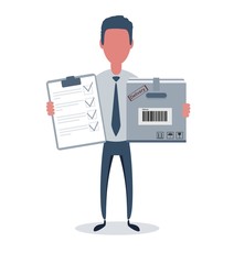 Businessman or clerk. Male character in trendy simple style with objects, flat vector illustration. Business concept. Isolated on white background.