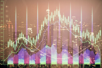 Double exposure of forex chart drawings over cityscape background. Concept of success.