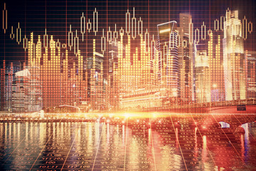 Financial chart on city scape with tall buildings background multi exposure. Analysis concept.