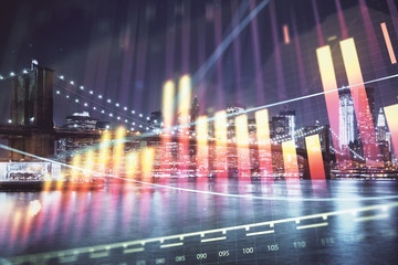 Financial chart on city scape with tall buildings background multi exposure. Analysis concept.