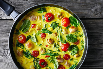 Top view on yellow coconut and mushroom curry
