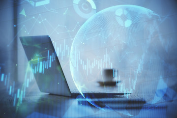 Multi exposure of graph and financial info and work space with computer background. Concept of...