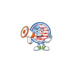 A chilly cartoon character of circle badges USA with a megaphone