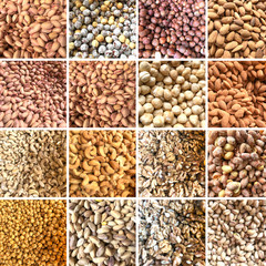 Collage Of Photos With Healthy Organic Mixed Nuts. Collection Of Healthy Fresh Food Backgrounds.