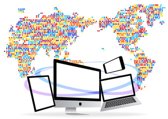 世界とつながるノートパソコンとスマホとタブレット-丸いカラフルドット世界地図