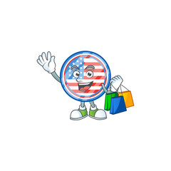 A rich circle badges USA cartoon design waving and holding Shopping bag