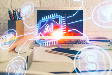 Multi exposure of desktop computer and technology theme hologram. Concept of software development.