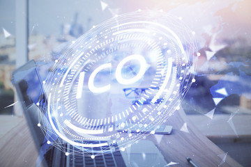 Double exposure of blockchain theme hologram and table with computer background. Concept of bitcoin...