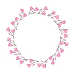 A vector illustration of blooming magnolia branches arranged in a wreath. A round flower frame.