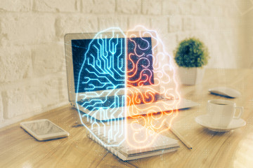 Multi exposure of work space with computer and human brain hologram. Brainstorm concept.