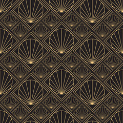 Gold pattern for perfume. Linear geometric Art Deco bricks. 20s retro style. Luxury seamless pattern. Packaging or menu design. Vector. Golden tiles.