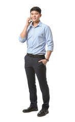 Young Asian businessman talking by phone on white background