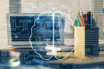 Multi exposure of work space with computer and human brain hologram. Brainstorm concept.