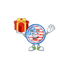 cartoon character of circle badges USA with a box of gift