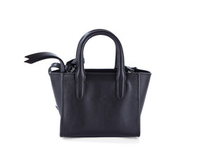 Naklejka premium Elegant mini bags made of black matte leather with handles, isolated on a white background with shadows.