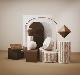 group of object in 3d rendering scene with stones materials