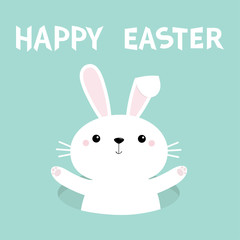 Bunny waving paw print hand. Rabbot hole. Happy Easter. Cute cartoon kawaii funny baby character. White farm animal collection. Blue background. Isolated. Flat design