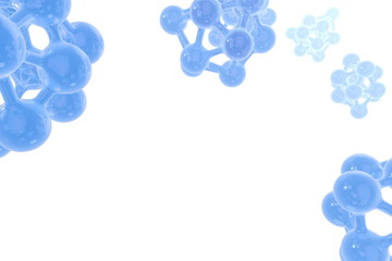 Blue molecules flying in the space solated on white background. Abstract medical or scientific 3d illustration with copyspace for your text or graphics