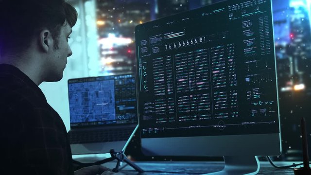 A programer hacker trying to breached the computer security by using algorithm source code to exploit weakness in password security with futuristic metropolis in the background