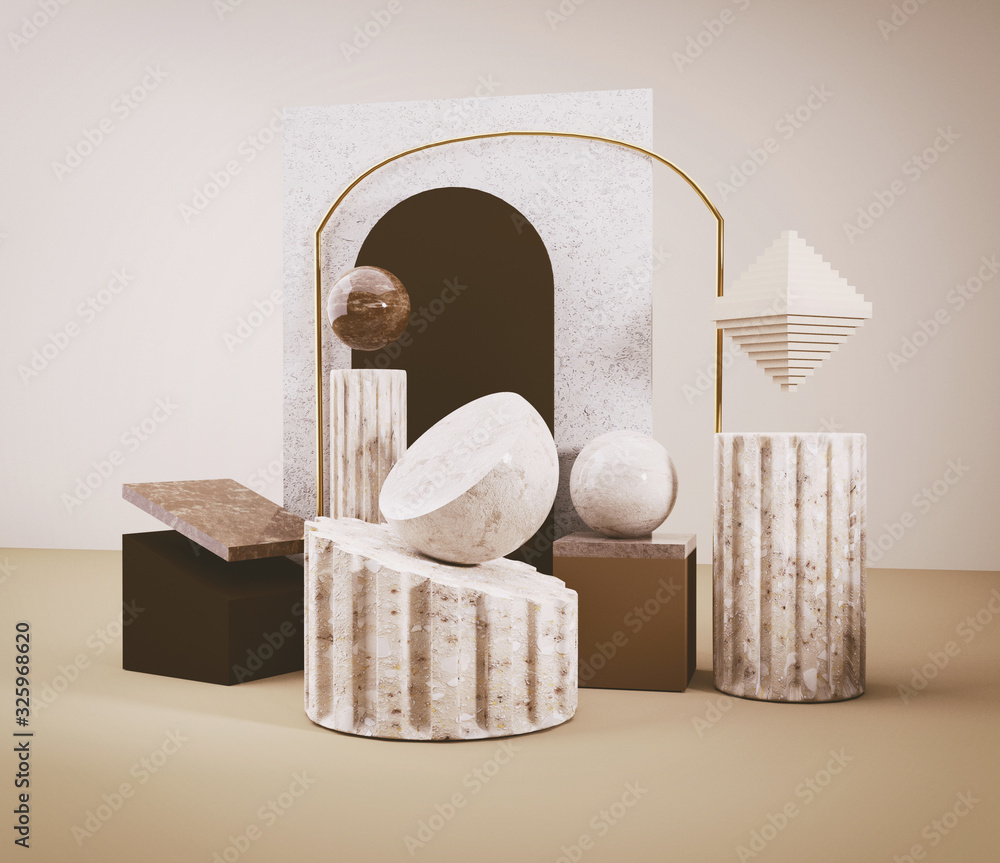 Wall mural group of object in 3d rendering scene with stones materials