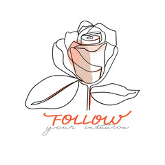 Trendy one line rose flower with pastel shapes and lettering. Fashion typography slogan design 