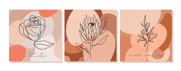 Set of illustrations with one line continuous flowers, leaves and calligraphy. Collage with geometric shapes. Design templates for social media stories, covers, t-Shirt print, postcard etc. Vector.