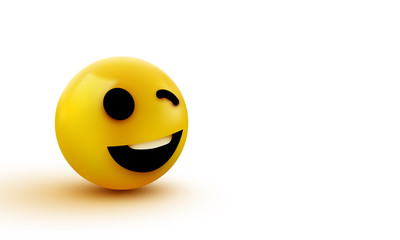 Emoji yellow winking face. Funny cartoon emoticon icon. 3D illustration for chat or message.