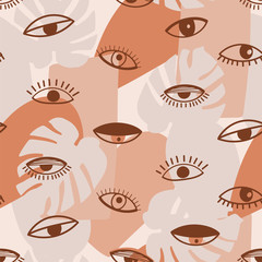 Seamless pattern with psychedelic eyes and contemporary abstract shapes. Different kind of eyes. Texture for textile, packaging, wrapping paper, social media post etc. Vector illustration.
