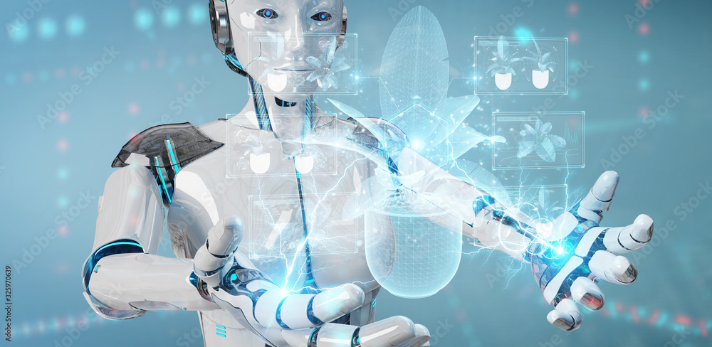 Aufkleber Robot holding and touching holographic projection of a plant with digital analysis 3D rendering