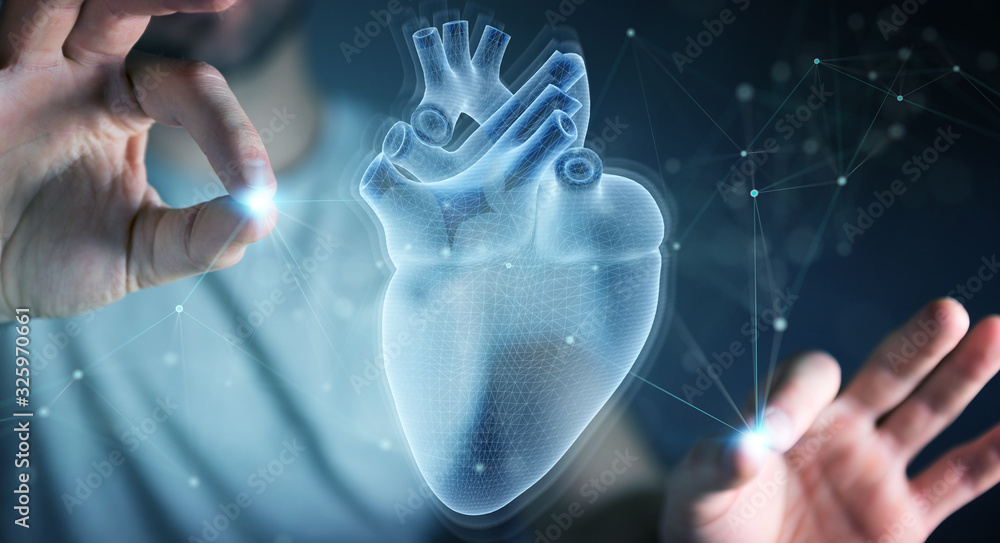 Fototapete Man using digital x-ray of human heart holographic scan projection 3D rendering