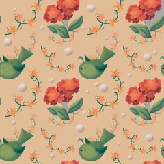 Seamless pattern of cute summer cartoon characters on white background. Great for fabric, textile, wrapping paper, scrapbooking.