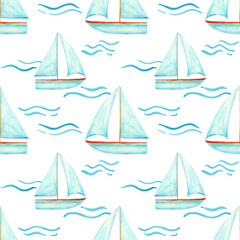 Hand drawn blue watercolor sailboat on the waves seamless pattern on white background for your design. Sailing ship endless print. Nautical wallpaper.