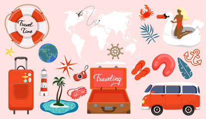 Set of travel items in coral colors. Vector graphics.