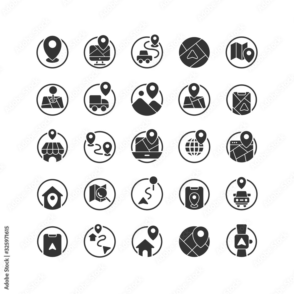 Poster location and map solid icon set. vector and illustration.