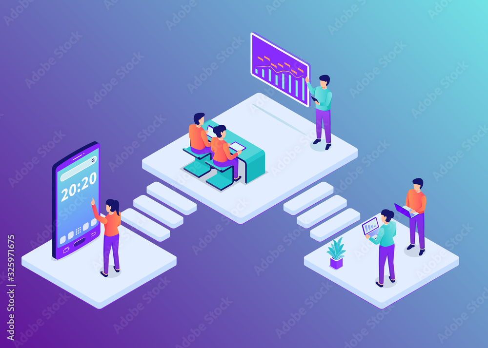 Poster business process workflow with team do research and analysis people graph and chart data with isomet