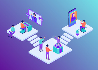 modern business process workflow with team people work in office with isometric flat style
