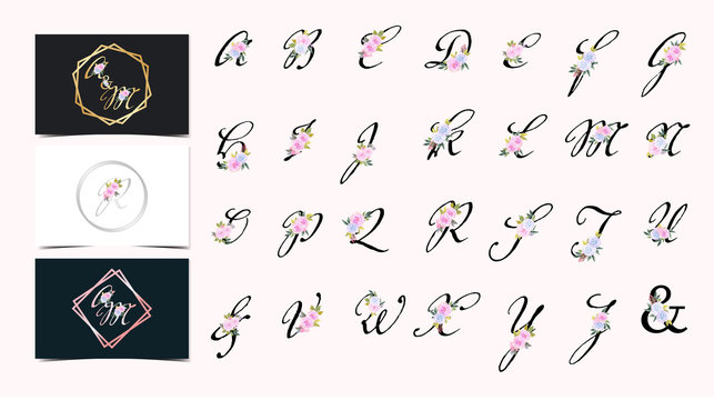 set of Floral Alphabet A-Z collection with beautiful flower bouquet composition. Unique collection for wedding invites decoration, birthdays & other concept ideas