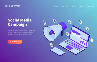 social media campaign concept with laptop dana analysis and loud speaker megaphone for website template or landing homepage - obrazy, fototapety, plakaty