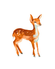 One watercolor brown fawn. Animal illustration on a white isolated hand drawn background. Design for social networks, postcards, stickers, packaging, wallpapers, banner, poster.
