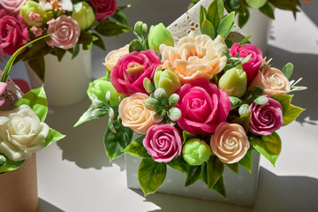 Handmade soap in the form of beautiful flowers in a box.
