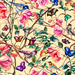 Fototapeta na wymiar Watercolor branches, orchids, birds and butterflies. Seamless pattern. Design for wallpaper, background, textile, fabric, covers.