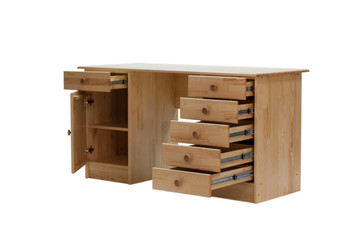 Classic desk with an open drawers, side view, isolated on a white background.