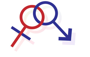 ピクトグラム：男性と元男性のカップル、虹色の影付き