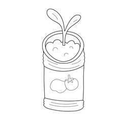 Samll seedling plant in metal can doodle llustration, isolated vector drawing of little sprout growing in diy pot, good as logo or icon